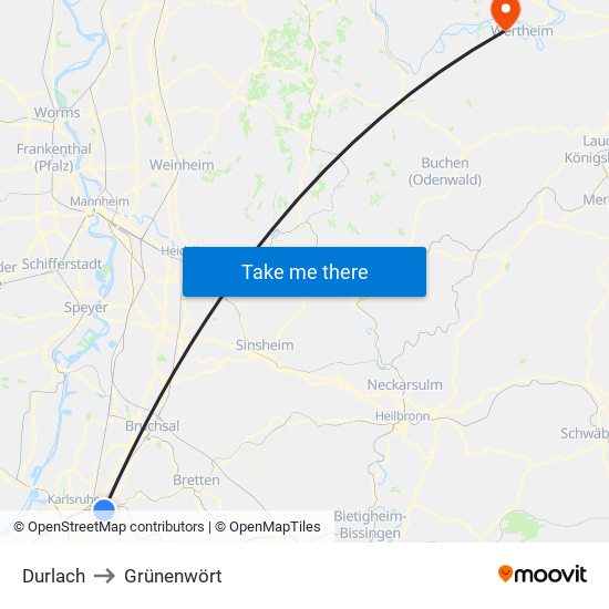 Durlach to Grünenwört map