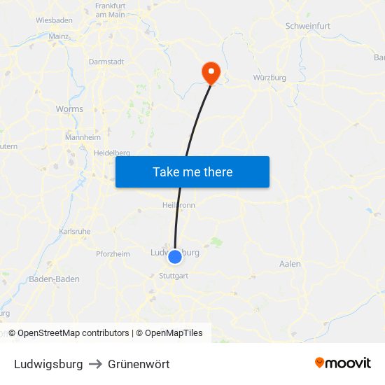 Ludwigsburg to Grünenwört map
