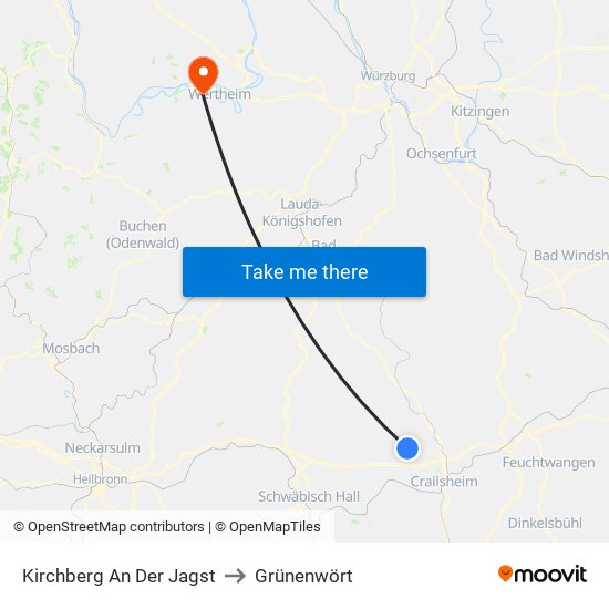 Kirchberg An Der Jagst to Grünenwört map