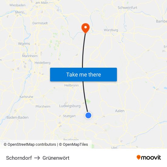 Schorndorf to Grünenwört map