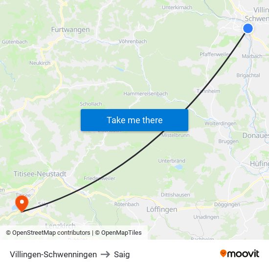 Villingen-Schwenningen to Saig map