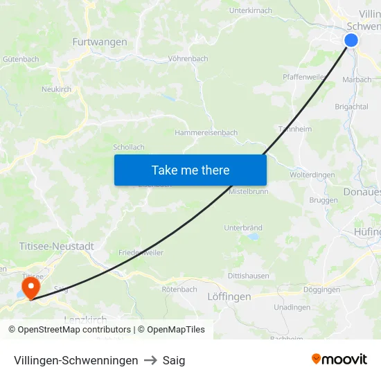 Villingen-Schwenningen to Saig map
