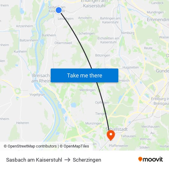 Sasbach am Kaiserstuhl to Scherzingen map