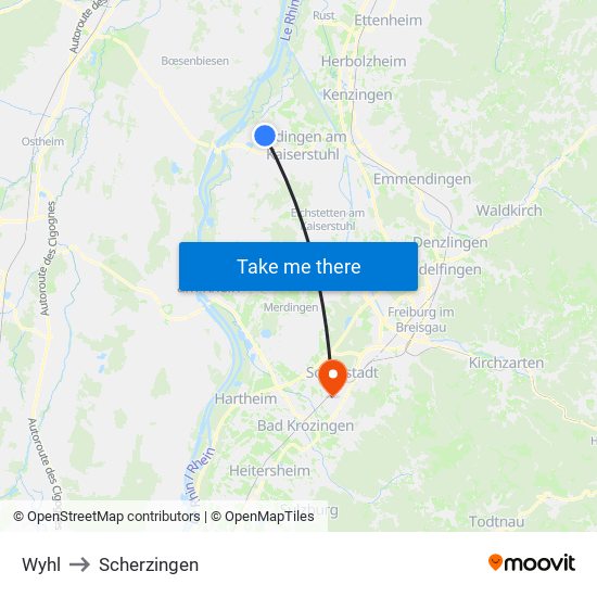 Wyhl to Scherzingen map