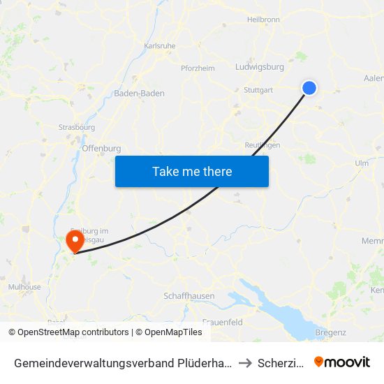 Gemeindeverwaltungsverband Plüderhausen-Urbach to Scherzingen map