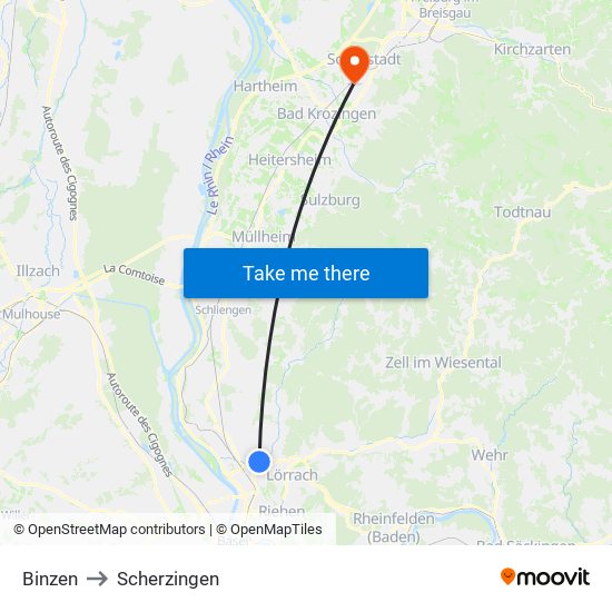 Binzen to Scherzingen map