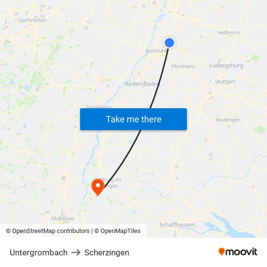 Untergrombach to Scherzingen map