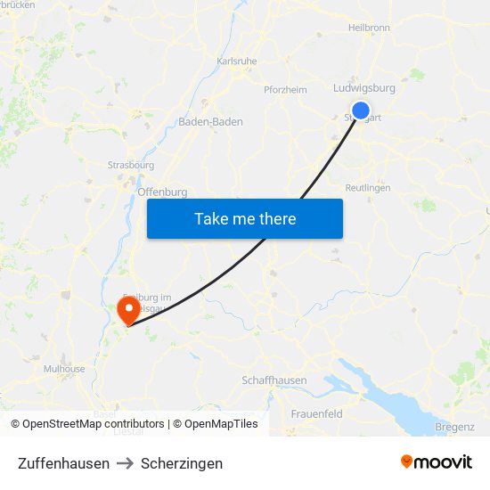 Zuffenhausen to Scherzingen map