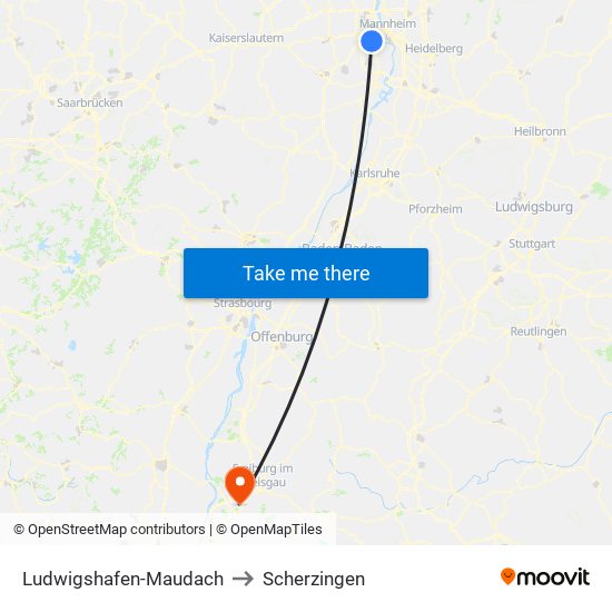 Ludwigshafen-Maudach to Scherzingen map