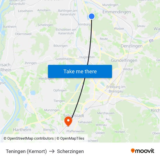 Teningen (Kernort) to Scherzingen map