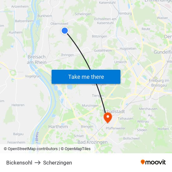 Bickensohl to Scherzingen map