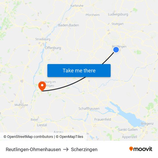 Reutlingen-Ohmenhausen to Scherzingen map