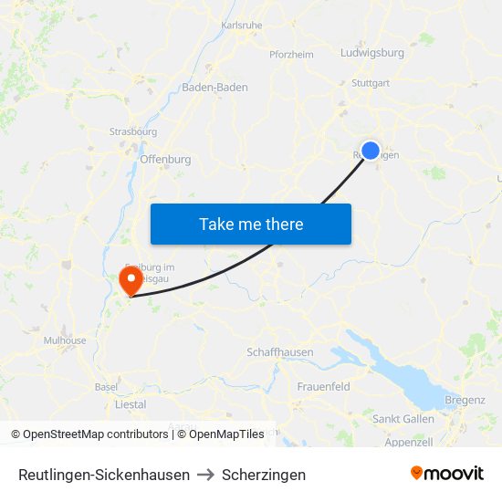 Reutlingen-Sickenhausen to Scherzingen map