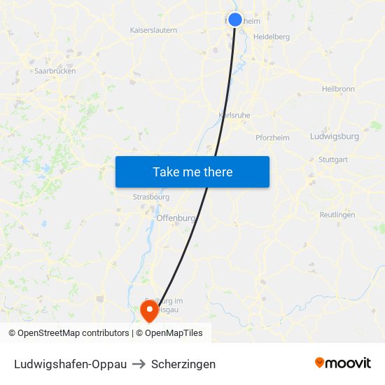 Ludwigshafen-Oppau to Scherzingen map