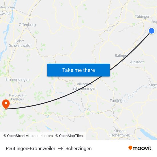 Reutlingen-Bronnweiler to Scherzingen map