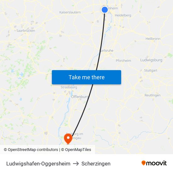 Ludwigshafen-Oggersheim to Scherzingen map