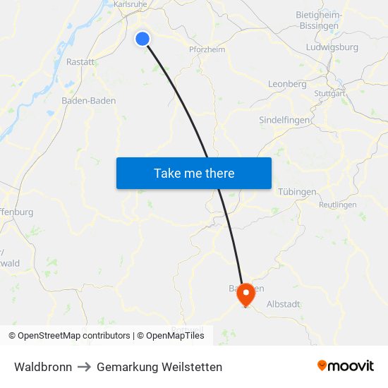 Waldbronn to Gemarkung Weilstetten map