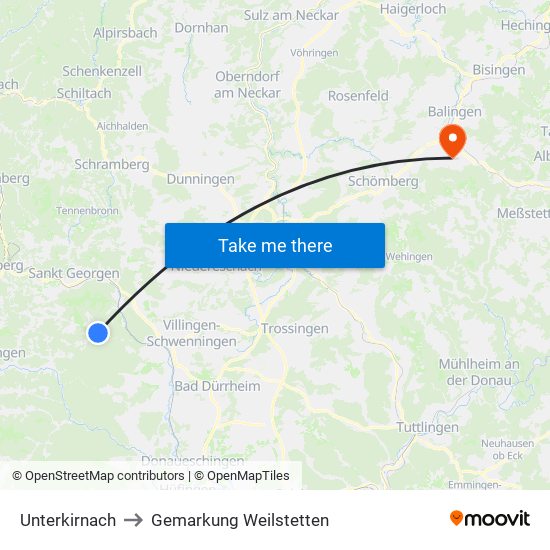 Unterkirnach to Gemarkung Weilstetten map