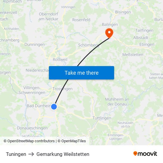 Tuningen to Gemarkung Weilstetten map