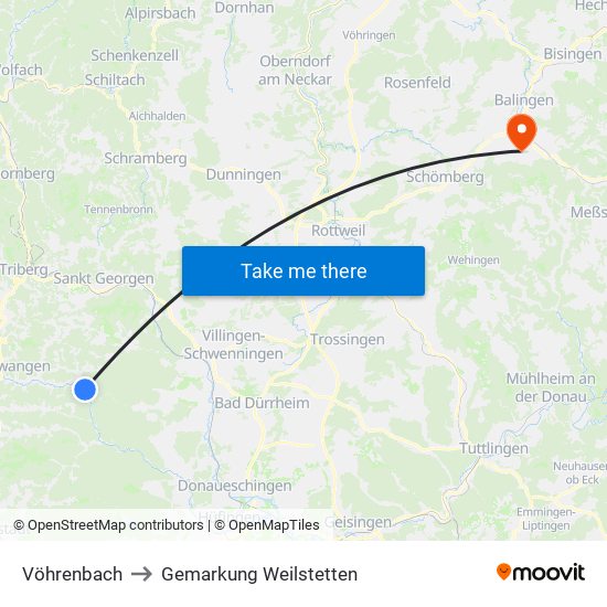 Vöhrenbach to Gemarkung Weilstetten map