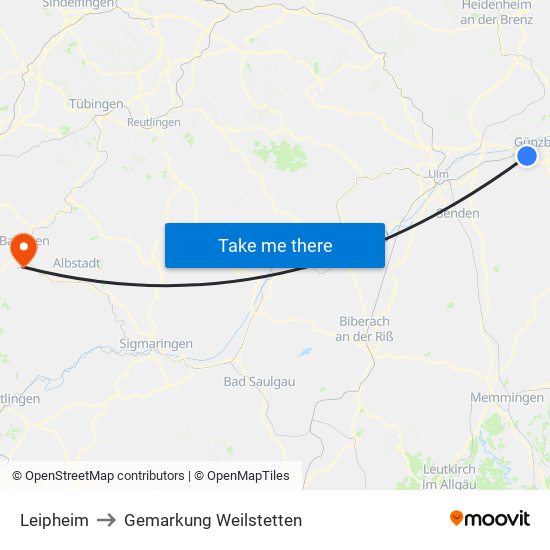 Leipheim to Gemarkung Weilstetten map