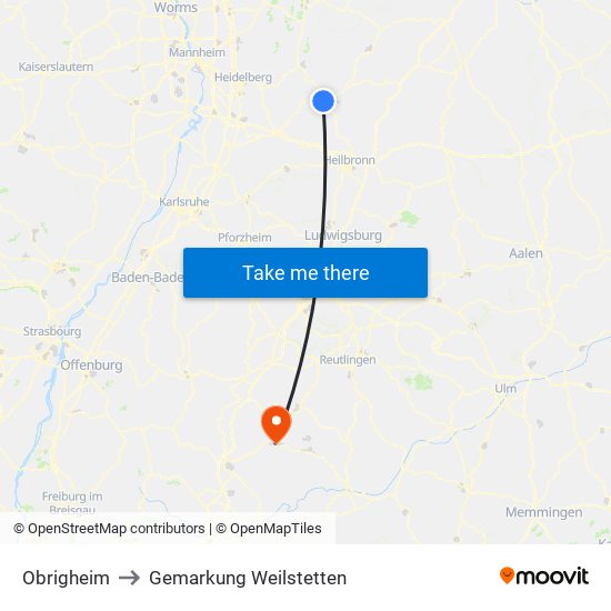 Obrigheim to Gemarkung Weilstetten map