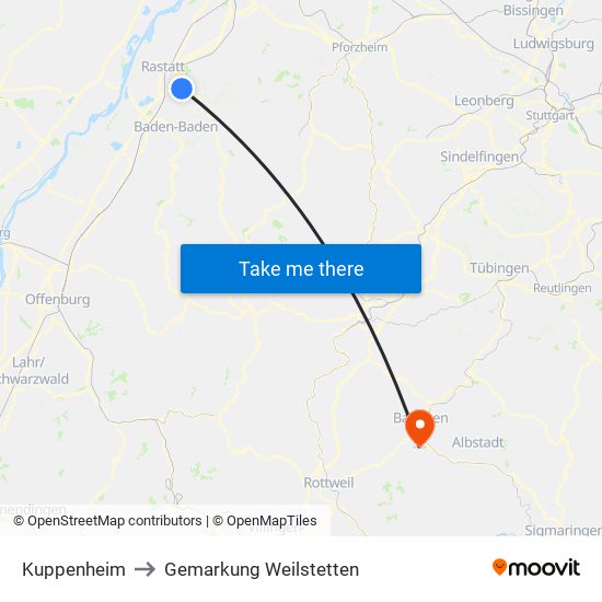 Kuppenheim to Gemarkung Weilstetten map