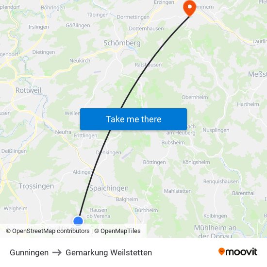 Gunningen to Gemarkung Weilstetten map