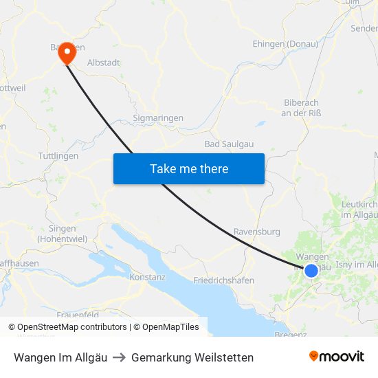 Wangen Im Allgäu to Gemarkung Weilstetten map