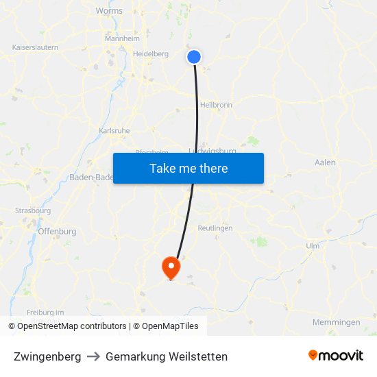Zwingenberg to Gemarkung Weilstetten map
