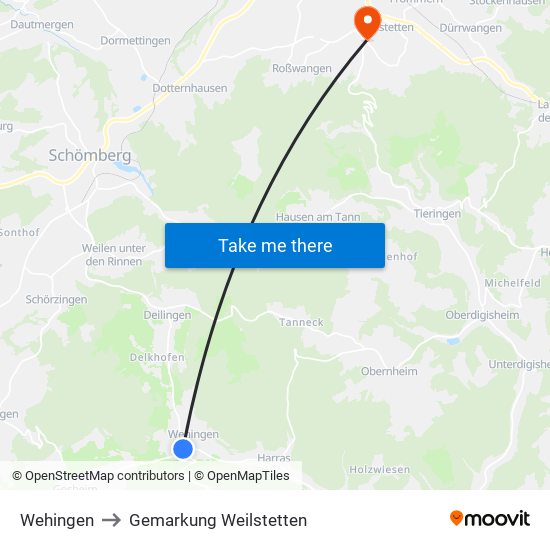 Wehingen to Gemarkung Weilstetten map