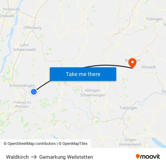 Waldkirch to Gemarkung Weilstetten map