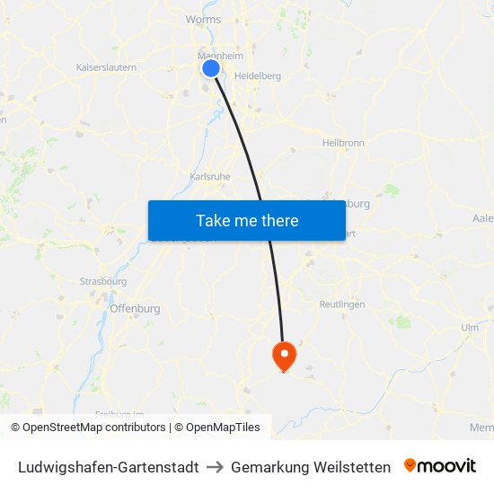 Ludwigshafen-Gartenstadt to Gemarkung Weilstetten map