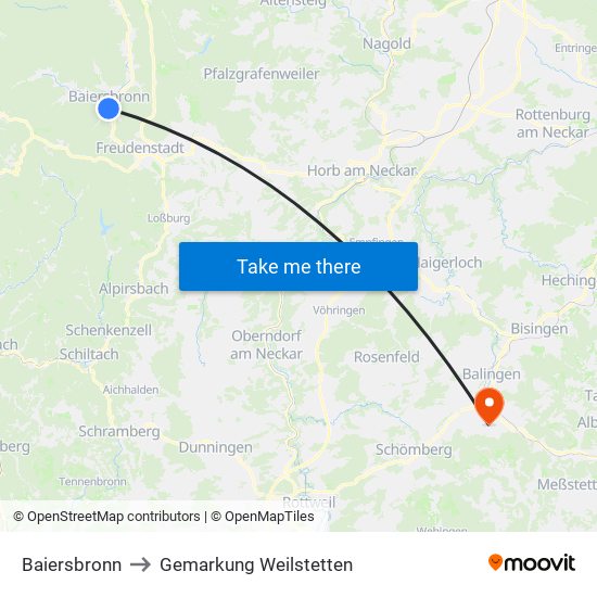 Baiersbronn to Gemarkung Weilstetten map