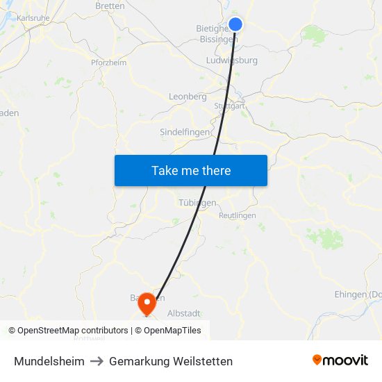 Mundelsheim to Gemarkung Weilstetten map