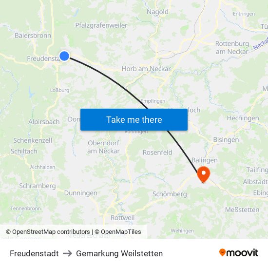 Freudenstadt to Gemarkung Weilstetten map