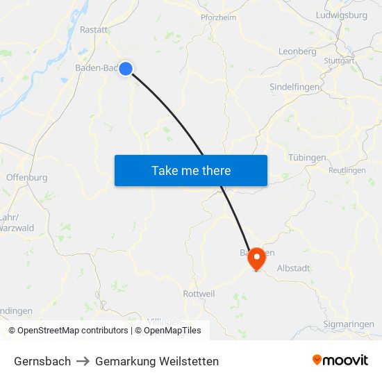 Gernsbach to Gemarkung Weilstetten map