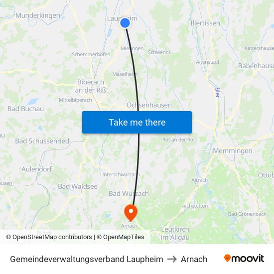 Gemeindeverwaltungsverband Laupheim to Arnach map