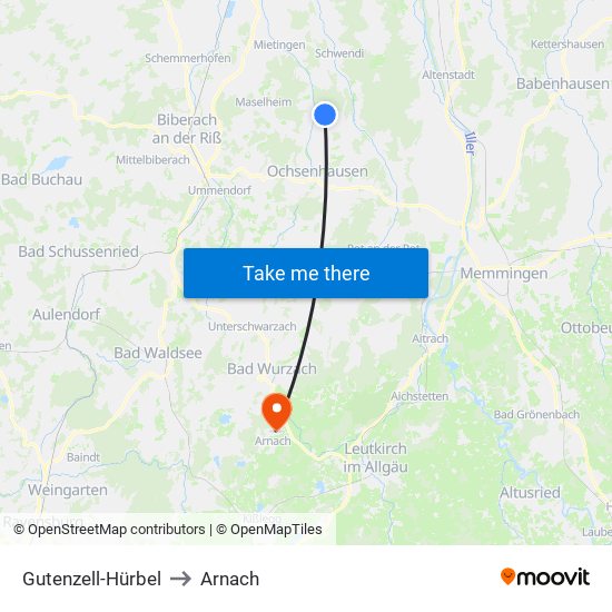 Gutenzell-Hürbel to Arnach map