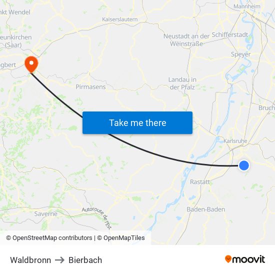 Waldbronn to Bierbach map