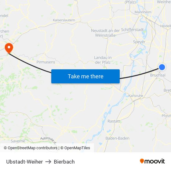 Ubstadt-Weiher to Bierbach map