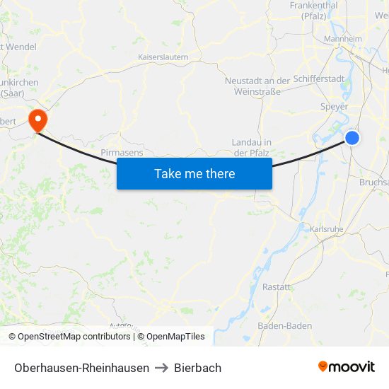 Oberhausen-Rheinhausen to Bierbach map