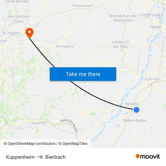 Kuppenheim to Bierbach map