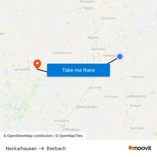 Neckarhausen to Bierbach map