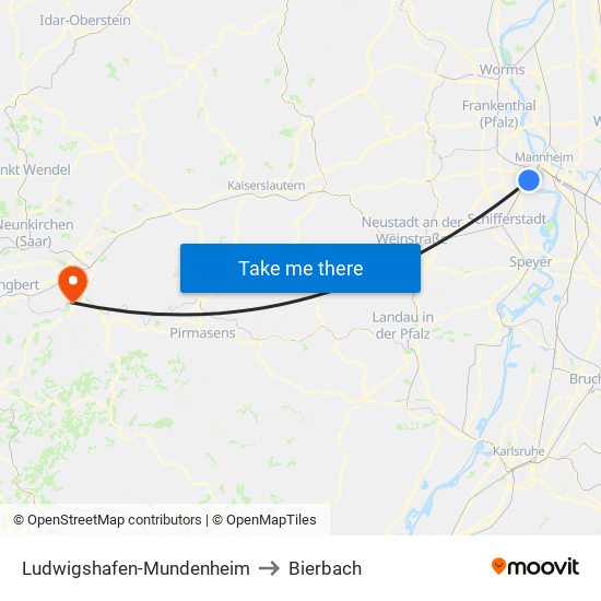 Ludwigshafen-Mundenheim to Bierbach map