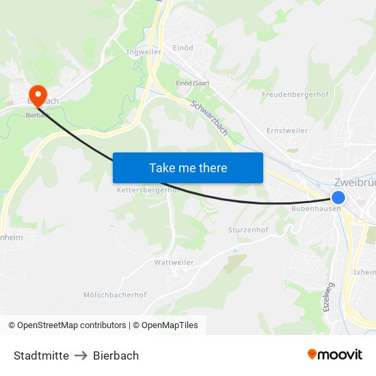 Stadtmitte to Bierbach map