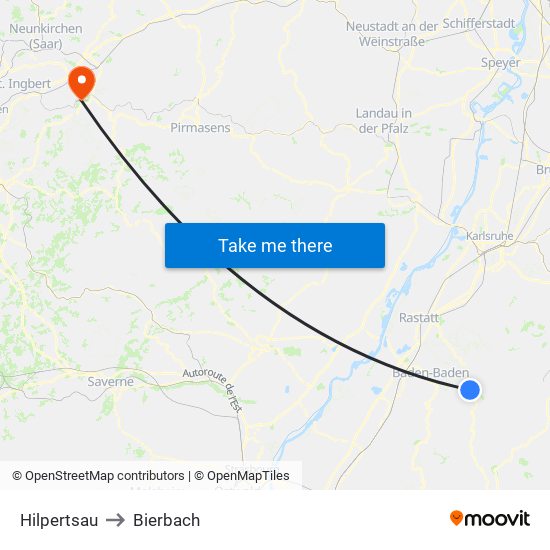 Hilpertsau to Bierbach map