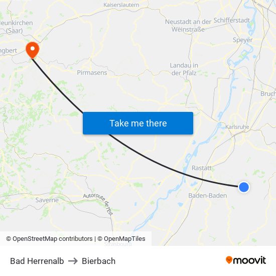 Bad Herrenalb to Bierbach map