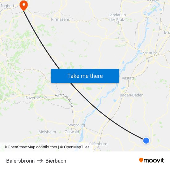 Baiersbronn to Bierbach map