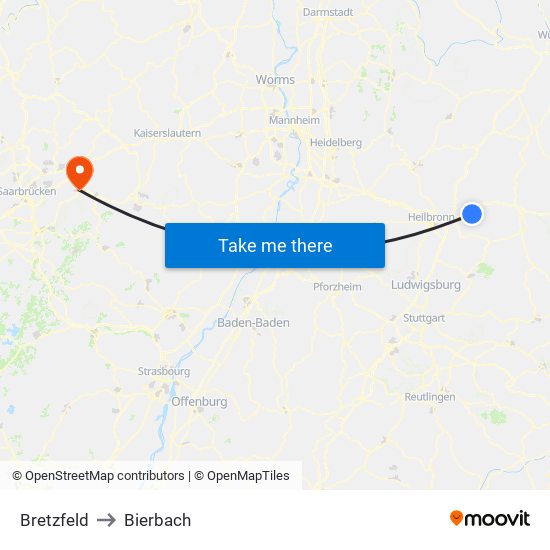 Bretzfeld to Bierbach map